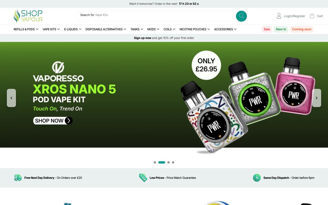 Shop Vapour homepage above the fold